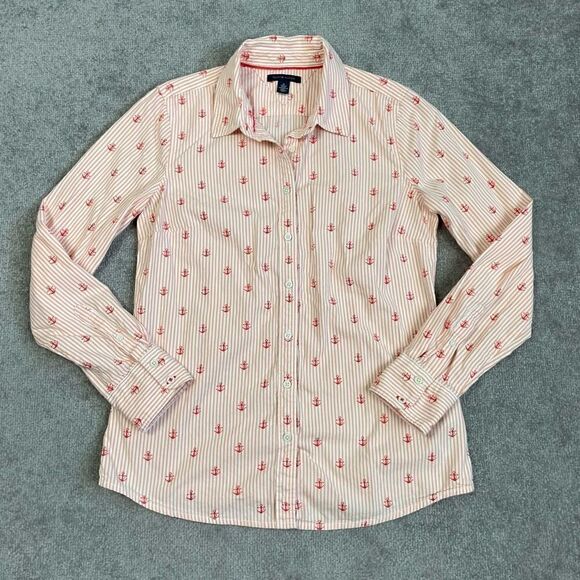 Tommy Hilfiger Women’s Medium Pink White Striped Button Down Shirt Top Anchor - Picture 1 of 5